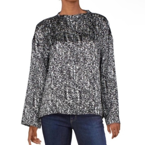 Eileen Fisher Funnel Neck Box Top Black Prism Print Silk Cotton Blend Size Small - Picture 1 of 7